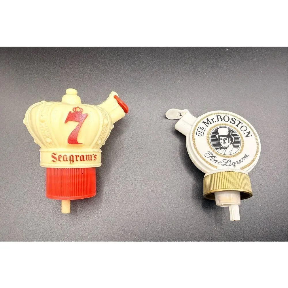 Mid-Century Advertising Liquor Bottle Pourers Plastic Barware, Seagrams, Imperia